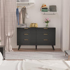 Black Fluted 6 Drawer Dresser for Bedroom, Chest of Drawers with Solid Wood Legs, Modern Dresser Chest Cabinet Organizer with Golden Handles, Beside Table for Closet, Hallway, Bedroom