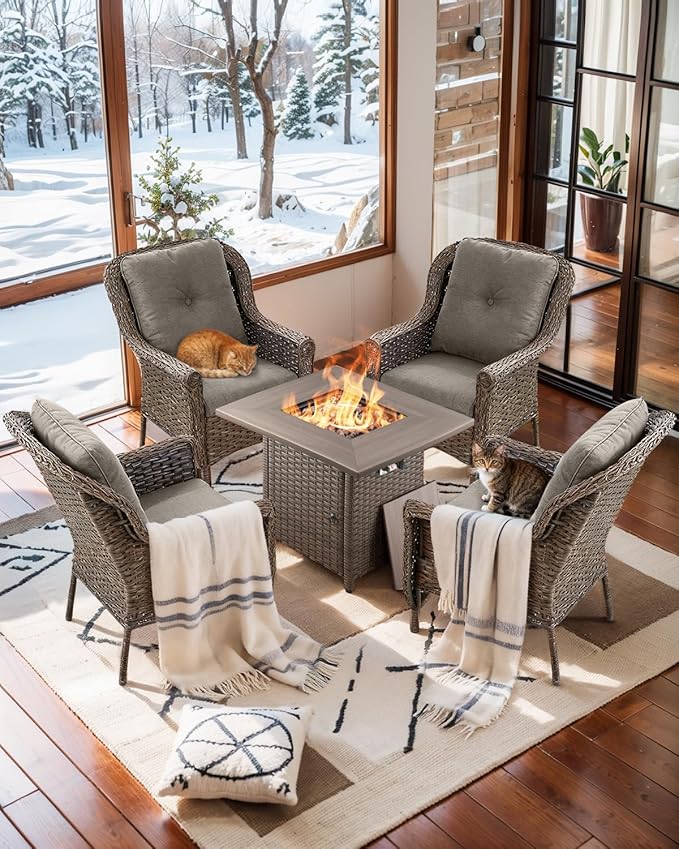 Patio Wicker Chairs Outdoor Furniture Chair - Set of 4 Outside All Weather Lawn Dining Brown Rattan Armchair with High Back&Deep Seating for Deck Porch Balcony Backyard Garden - Grey