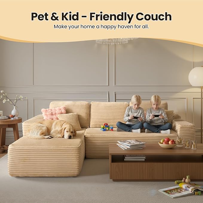 104" Cloud Sectional Couch with Chaise, Boneless L-Shaped Cloud Couch with Deep Seat, Soft Plush Modern Minimalist Sofa, Assembly Free Comfy Sofa for Office Living Room Apartment(Beige, Left Chaise)