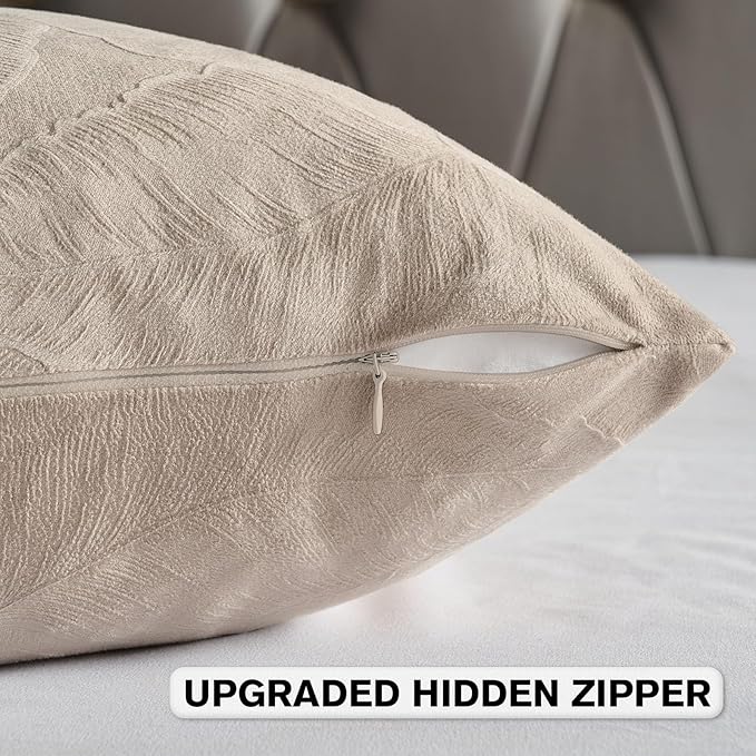 FUTEI Oatmeal Velvet Throw Pillow Covers 12x20 Inch Set of 2,Soft Embossed Leaf-Relief Textured Lumbar Pillow Cases,Natural Home Decor for Couch Living Room