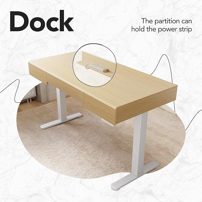 HUANUO Electric Standing Desk with 3 Drawers, 48 Inches Height Adjustable Stand Up Desk, Whole-Piece Board Computer Workstation with 4 Memory Height Settings, Light Walnut