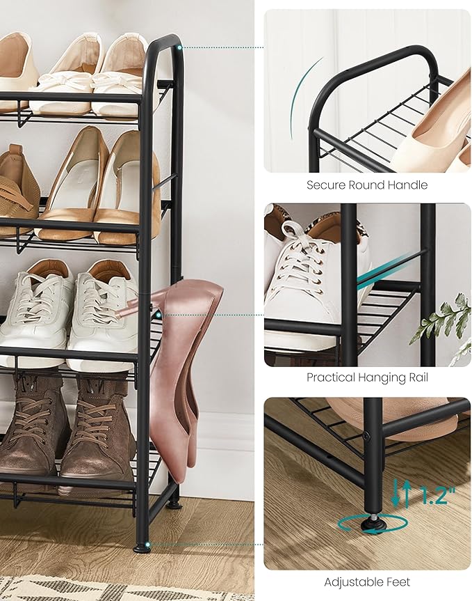 SONGMICS Stackable Shoe Rack, 4 Tier Metal Shoes Rack Storage Shelf, Holds up to 20 Pairs Shoes, Adjustable Slanted Shelves Shoe Tower Organizer for Closet Entryway Small Spaces, Black