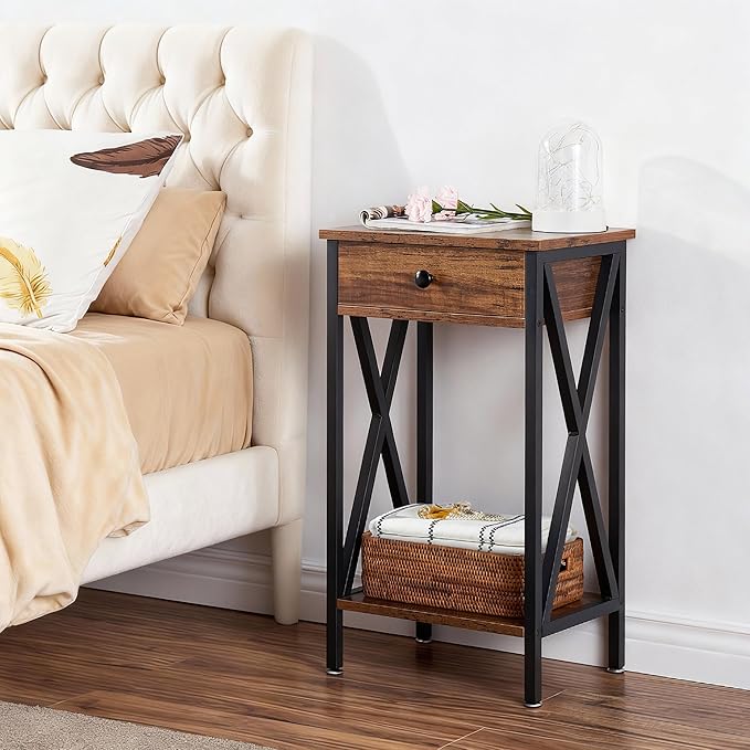 VECELO Modern Versatile Nightstands X-Design Side End Table with Storage Basket Night Stand Storage Shelf for Living Room Bedroom