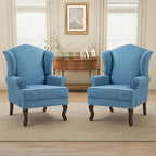 Pia Ricco Set of 2 High Back Accent Chairs: Upholstered Fabric Armchairs with Solid Wood Legs - Retro Living Room Pair, Comfy Reading Sofa Seats-Ocean Blue