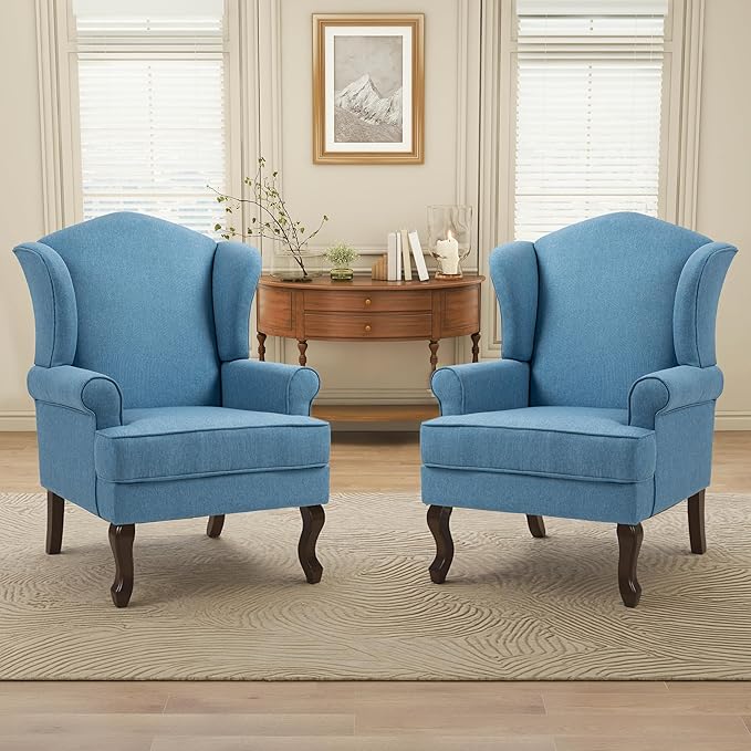 Pia Ricco Set of 2 High Back Accent Chairs: Upholstered Fabric Armchairs with Solid Wood Legs - Retro Living Room Pair, Comfy Reading Sofa Seats-Ocean Blue