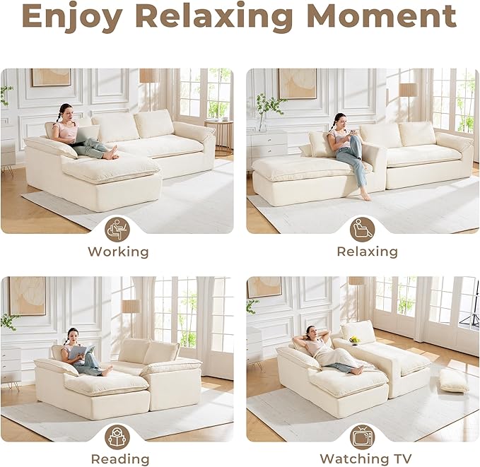 Modular Sectional Sofa, 107.5" L-Shaped Boneless Couch with Deep Seat, Modern Minimalist Upholstered Cloud Sectional Couch for Living Room Bedroom, No Assembly Required, Beige Corduroy