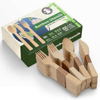 Wooden Cutlery Set - 100 Pcs Disposable Bamboo Forks, Spoons, Knives - Compostable 100% Natural Bamboo Utensils for Parties, Picnics, Camping, Weddings - Eco-Conscious Dining Supplies