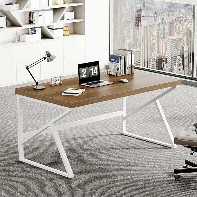 HSH Farmhouse Desk Computer Table, Modern Home Office Desk, Student Desk for Bedroom, Rustic Wood and Metal PC Laptop Desk, Simple Writing Study Gaming Desk Executive Workstation, 55 Inch
