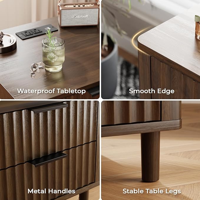 Fluted Nightstand Set of 2, Multifunctional 3 Drawers Storage Bedside Table with Charging Station, Wood Modern Nightstand, Curved Profile Design, End Table for Indoor Room Bedroom, Walnut