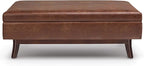 SIMPLIHOME Owen 48 inch Wide Mid Century Modern Rectangle Rectangular Storage Ottoman in Distressed Saddle Brown Vegan Faux Leather, Assembled, for the Living Room, Entryway and Family Room