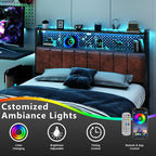 VINGLI Queen Size Headboard Only, Adjustable Upholstered Headboard with 2 Tier Shelves and Pegboard with Charging Stations and LED Lights, Modern Bed Headboard with Storage for Bedroom Decor
