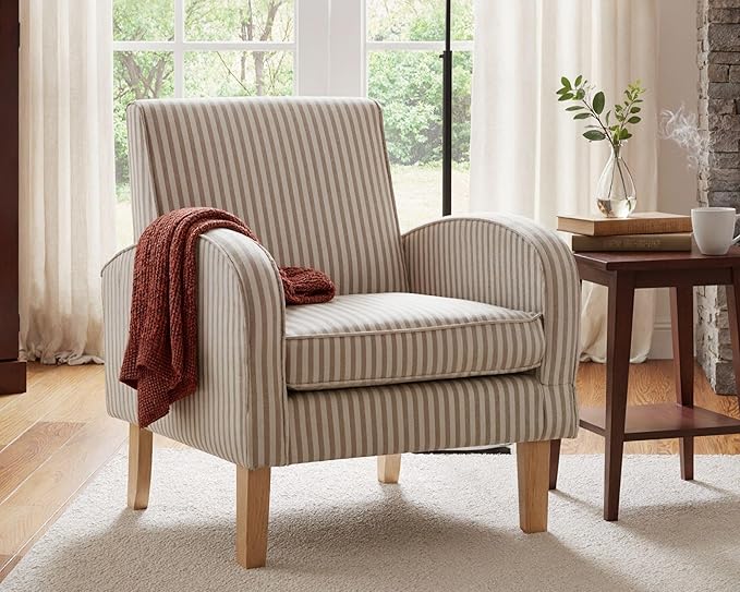 Farmhouse Striped Accent Chair for Living Room Set of 1, Linen Fabric Modern Comfy Armchairs with Cushion, Upholstered Striped Reading Chairs for Bedroom Couch Chair with Wood Legs, Khaki