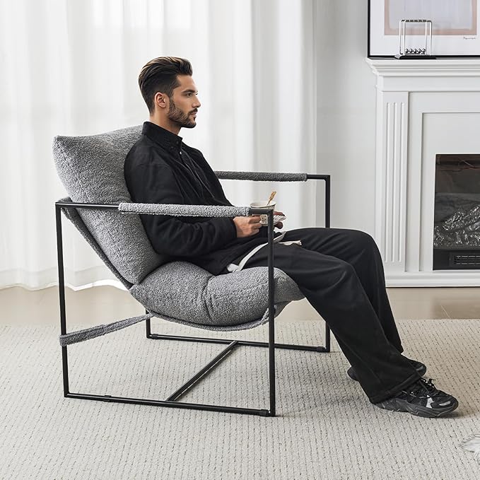 Furnilivng Large Sling Accent Chair Set of 2, Comfortable Boucle Fabric Arm Chair, Upholstered Cozy Reading Chair for Living Room, Bedroom, Dressing Room, Home Office, Grey