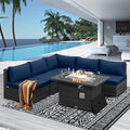 NICESOUL 6 Piece Modern Wicker Patio Furniture Set with Firepit Natural Gas/Propane, 29.3'' High-Back Deep Wide Seat Outdoor Conversation for Backyard, Oversized Sofa Couch, 2 Color Cushion Navy&Gray