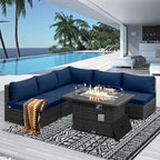 NICESOUL 6 Piece Modern Wicker Patio Furniture Set with Firepit Natural Gas/Propane, 29.3'' High-Back Deep Wide Seat Outdoor Conversation for Backyard, Oversized Sofa Couch, 2 Color Cushion Navy&Gray