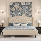 Belffin Queen Bed Frame with Headboard, Luxury Upholstered Velvet Platform Bed with Wingback, Button Tufted & Nailhead Trim, Anti-Slide Tall Footboard, No Box Spring Needed, Noise-Free, Beige