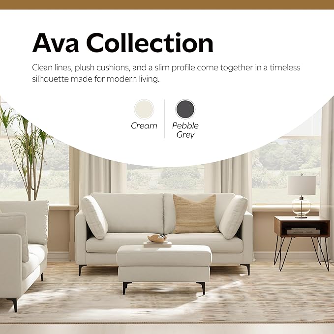 SIMPLIHOME Ava Sofa and Ottoman in 100% Recycled Polyester Performance Fabric, Cream, 76-inch-Wide 2-Seater Loveseat and Matching 36-inch-Wide Table Ottoman for Living Room, 2-Piece Set