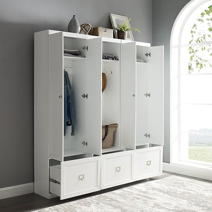 Crosley Furniture Harper 3-Piece Hall Tree and Storage Cabinet Set with Entryway Bench and Hooks for Hanging, White