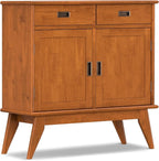SIMPLIHOME Draper Solid Hardwood 36 inch Wide Mid Century Modern Entryway Storage Cabinet in Teak Brown for The Living Room, Entryway and Family Room
