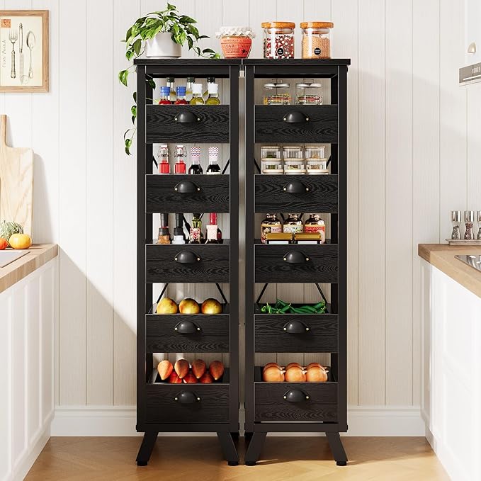 Tribesigns Black Wood Fruit and Vegetable Storage Rack Set of 2, 5-Tier Narrow Snack Stand Kitchen Stand Fruit Basket, Pull-Out Utility Organizer for Kitchen, Living Room