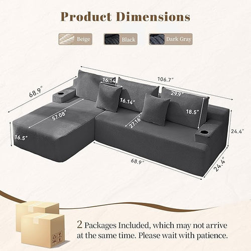106" Cloud Sectional Couch, Modular Sectional Sofa with L-Shape Chaise, Corduroy Boneless Couch with Deep Seat, Upholstered Sofa for Living Room, No Assembly Required(Left-Facing Chaise, Dark Grey)