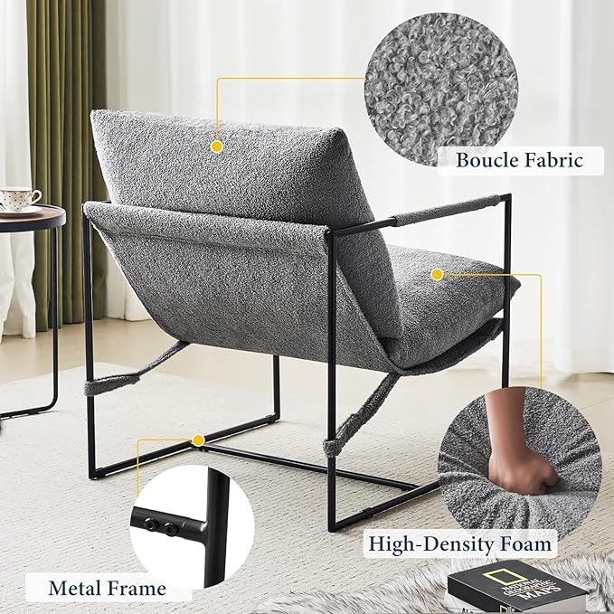Sling Accent Chair with Metal Frame, Comfortable Boucle Fabric Arm Chair, Upholstered Cozy Reading Chair for Living Room, Bedroom, Dressing Room, Home Office, Grey