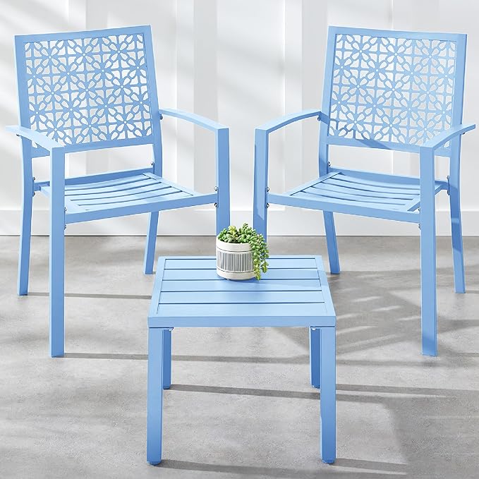 Best Choice Products 3-Piece Outdoor Bistro Set, Stackable Modern Steel Furniture for Porch, Garden w/ 2 Chairs, Table, Geometric Decor - Sky Blue
