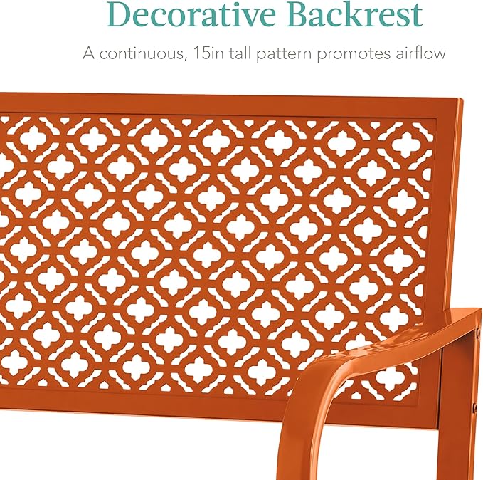 Best Choice Products Outdoor Bench 2-Person Metal Steel Benches Furniture for Garden, Patio, Porch, Entryway w/Geometric Backrest, 790lb Capacity - Carrot