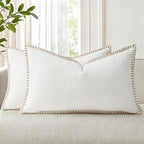 decorUhome Chenille Soft Throw Pillow Covers 12x20 Set of 2, Lumbar Velvet Farmhouse Neutral Decorative Euro Pillow Covers with Stitched Edge for Couch Sofa Bed Home Decor, Cream White