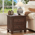 Farmhouse Nightstand Set of 2, Rustic Low Nightstands with 2 Drawers & Charging Station, Vintage Night Stands with 4 Square Solid Wood Legs, Small Dresser for Bedroom, Home, Walnut