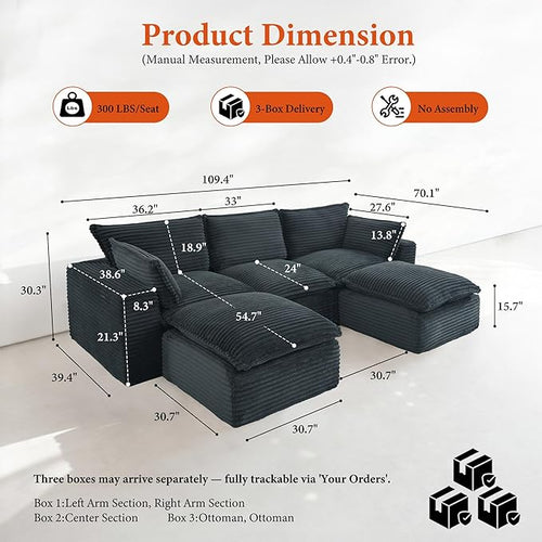108" Sectional Couches for Living Room Boneless Couch Upholstered Cloud Couch Sectional Modular Sectional Sofa with L Shaped (Corduroy-Blue, 3 Seat+2 Ottoman)