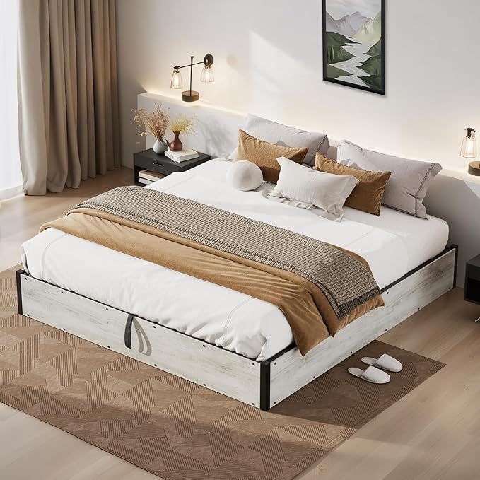 Lift Up Storage Bed Frame, King Size Wooden Platform Bed with Large Storage Underneath, No Box Spring Needed, Noise Free, Distressed White