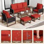 6 Piece Patio Furniture Set with 3-Seat Sofa, 2 Porch Armchairs, 2 Ottoman and 1 Coffee Table Wicker Outdoor Conversation Set for Garden, Terrace, Porch, Balconies, Lawns
