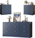 3-Piece Dresser Bedroom Set, 9 Drawer Dresser & 3 Drawer Nightstands with Gold Handles, Fluted Wood Chest of Drawers for Bedroom, Living Room, Entryway, Navy Blue