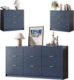 3-Piece Dresser Bedroom Set, 9 Drawer Dresser & 3 Drawer Nightstands with Gold Handles, Fluted Wood Chest of Drawers for Bedroom, Living Room, Entryway, Navy Blue