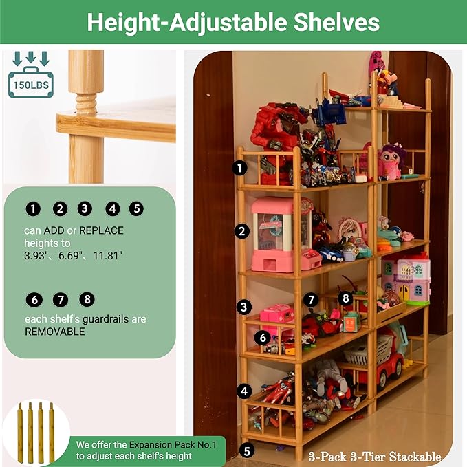 GOGOGO Expandable Bamboo Bookshelf - No Assembly & Modular, Bamboo 3-Tier Shelf & Ladder Shelf, Eco-Friendly Small Bookcase for Home Office- Useful Home & Housewarming Gift(Natural, 11.8" H(3 Tier))