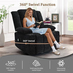 360° Rotating Adult Rocking Recliner, Baby Room Glider with Massage and Heating Functions, Rocking Chair with Cup Holder, Manual Recliner for Living and Bedroom (Fabric, Black)
