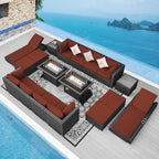 NICESOUL 18 Piece Outdoor Patio Furniture Set with Fire Pit and Chaise Lounge, Luxurious Modular Wicker Woven Patio Sets Couch and Loungers, 14-Seats Outdoor Seating Sectional Sturdy, Grey&Burgundy