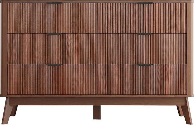 Fluted Dresser for Bedroom,49.6'' Modern Wooden Walnut Dresser with 6 Drawers, Bedroom Dressers, Natural Wood Chest of Drawers for Living Room, Hallway (Walnut)
