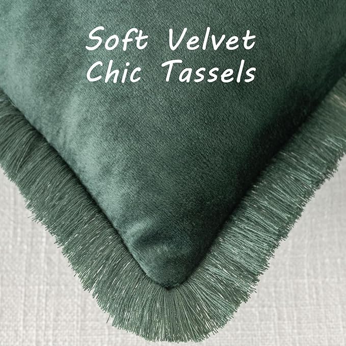 FUTEI Christmas Army Green Velvet Decorative Throw Pillow Covers 12x20 Set of 2,Soft Cozy Edge with Tassels Lumbar Pillow Cases,Boho Modern Home Decor for Couch Bed Living Room