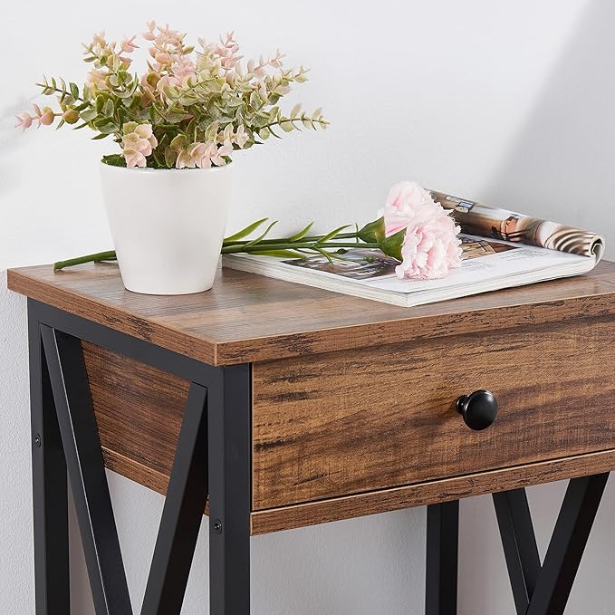 VECELO Modern Versatile Nightstands X-Design Side End Table with Storage Basket Night Stand Storage Shelf for Living Room Bedroom