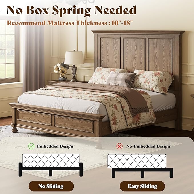 AMERLIFE Solid Wood Queen Bed Frame with 65.2" High Headboard, Traditional Platform Bed with Heavy Duty Slats, No Box Spring Needed, Easy Assembly, Light Brown