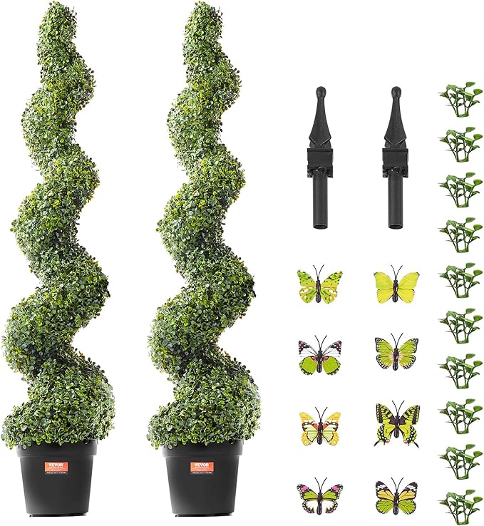 VEVOR Artificial Boxwood Topiary Tree, 60 inch Tall (2 Pieces), Spiral Faux Topiary Trees, Faux Plant w/Extra Leaves & Pot & Small Decoration, UV Rated Greenery Set for Home Decor Indoor/Outdoor