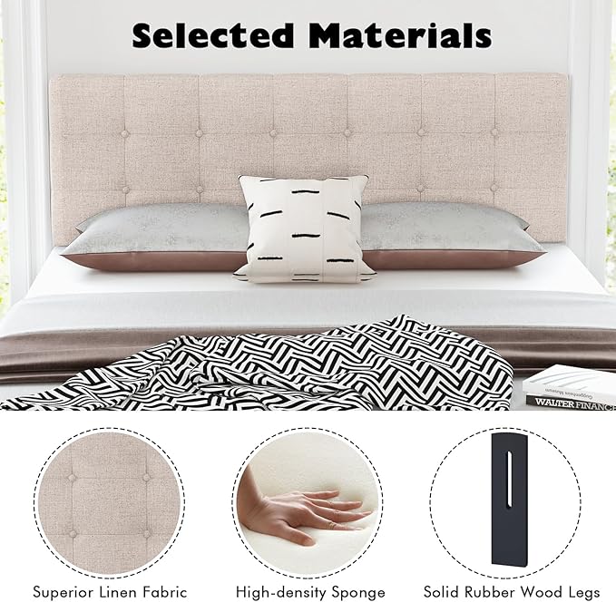 Giantex Linen Upholstered Headboard, Adjustable Width Button Tufted Headboard Only with Solid Wood Legs, Attach Frame, Modern Headboards for Queen Full Size Bed, Beige