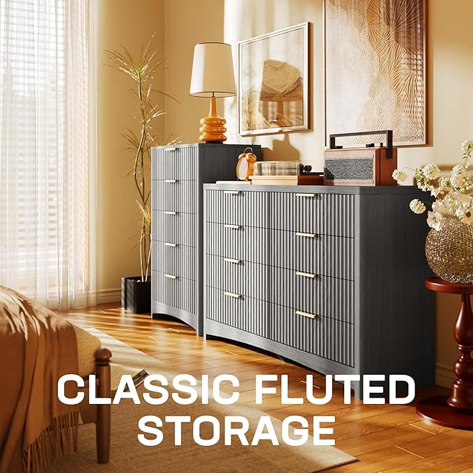 Marsail Fluted 8-Drawer Wide Wooden Dresser, Smooth Gliding Drawers & Large Capacity Storage Space, Modern Organizer Cabinet for Bedroom or Hallway, Light Grey