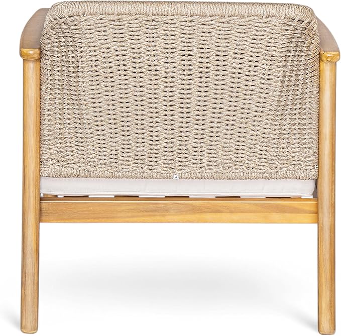 Christopher Knight Home Octavia Outdoor Club Chairs Set of 2, Acacia Wood Accent Chair with Cushion, Woven Rope Backrest Armchair, Solid Wood Frame Chair, Patio Chair for Porch Backyard, Beige+Teak