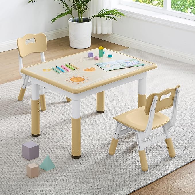 Adjustable Kids Table Chairs Set – Graffiti Desktop, Multi-Activity Height-Adjustable Toddler Study Desk for Ages 3-8 – Ideal for Home, Classroom, Daycare (W-Brown, 2 Chairs-31.5" L x 23.6" W)