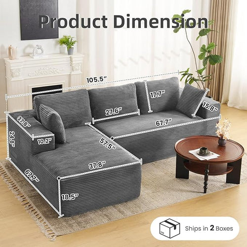 107" Boneless Couch, Sectional Couchs for Living Room & Bedroom, Cloud Couch with L-Shape Chaise Modern Modular Sofa with Deep Seat, No Assembly Required (Soft Gray)