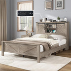 AMERLIFE Farmhouse Full Bed Frame with Storage Headboard & Charging Station, Rustic Wood Platform Bed with Barn Door Bookcase, No Box Spring Needed, Light Grey Bedroom Furniture