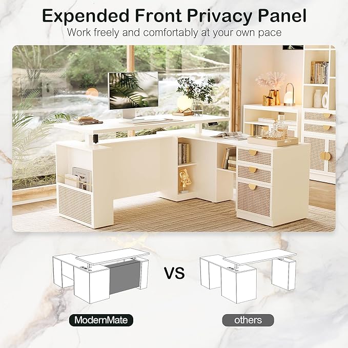63" Standing Desk with File Cabinet, Privacy Panel, AC/USB, 1.18" Desktop, Executive L Shaped Height Adjustable Desk, Electric Stand Up Table with 3 Drawers, White Rattan
